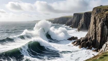 Fototapeta premium Dramatic Ocean Waves Crashing Against Rugged Cliffs