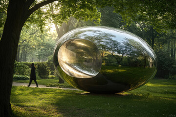 j. Meditation capsule reflecting sunlight, park-goers walking nearby, futuristic yet harmonious with nature 