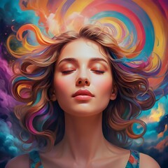 Fototapeta premium Serene Woman with Rainbow Hair in a Dreamlike Landscape