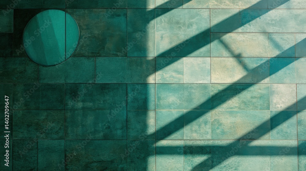Poster abstract geometric patterns with shadows on a textured teal wall and circular window