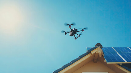 k. Autonomous drone hovering over a suburban rooftop, repairing solar panels under a clear blue sky, efficient modern tech 