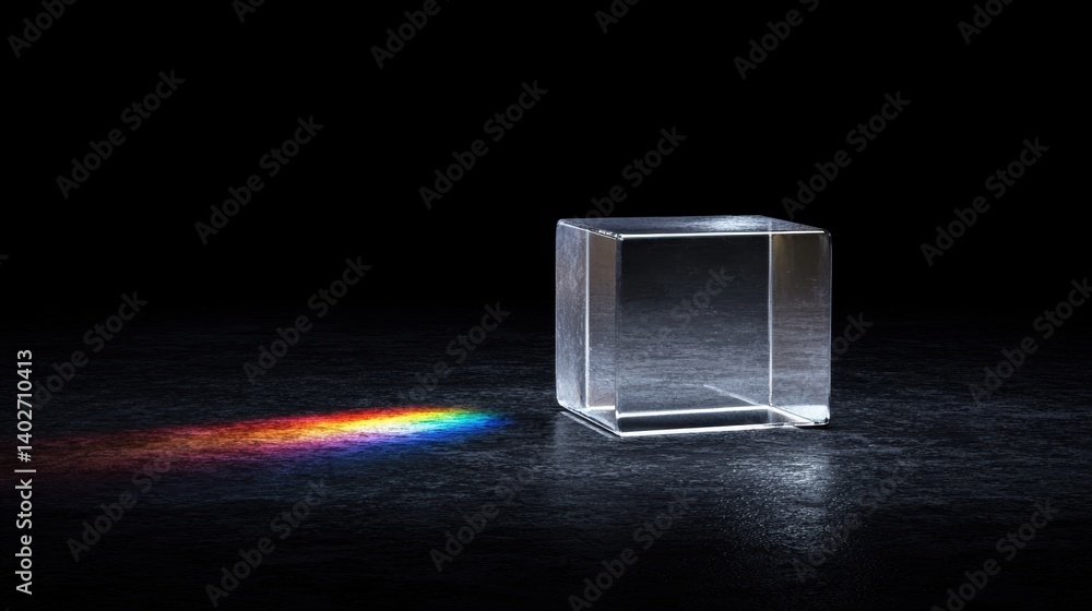 Poster a transparent cube with a rainbow-colored light beam emanating from it.
