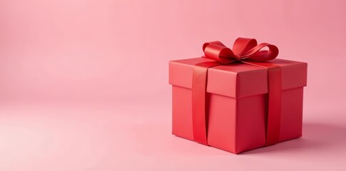 Obraz premium Vibrant red present box on pastel pink background for holidays and special occasions, elegant, elegant, ribbon