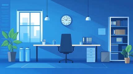 Modern Blue Office Interior Design, A modern office interior with a desk, chair, bookshelves, and plants, all in shades of blue