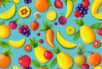 Vibrant seamless pattern of tropical fruits in a playful, summery style, texture, happy
