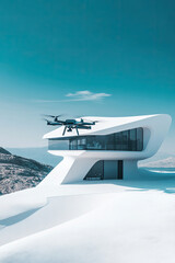 n. High-tech drone in mid-repair, minimal futuristic house design and blue sky forming clean aesthetic 