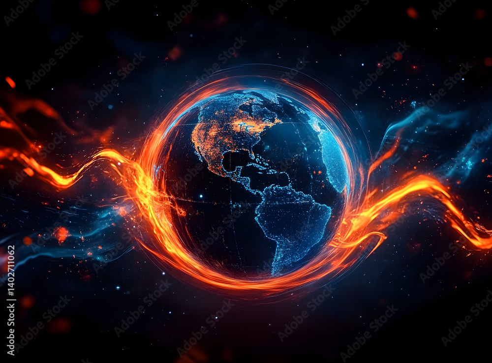 Aufkleber abstract globe with vibrant orange and blue energy lines swirling around it on a dark background, cr