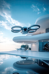 n. High-tech drone in mid-repair, minimal futuristic house design and blue sky forming clean aesthetic 