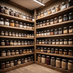 Organized Pantry with Glass Jars of Grains and Legumes