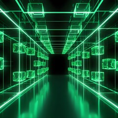 Neon Green Corridor of Light Cubes