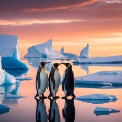 Three King Penguins at Sunset in Antarctica