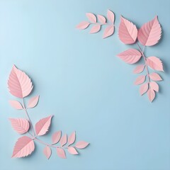 Fototapeta premium Pink Paper Leaves Frame on Light Blue Background