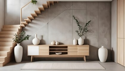 Modern Minimalist Home Interior with Wooden Staircase and Concrete Wall