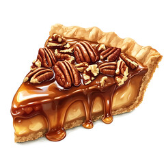 A thick slice of pecan pie with a rich, sticky caramel filling, toasted pecans on top