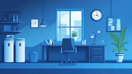 Modern Blue Office Interior Design, A modern office interior with a desk, chair, bookshelves, and plants, all in shades of blue