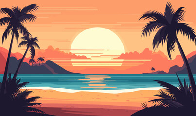 Tropical Beach Sunset with Palm Trees and Waves in Minimalist SVG Vector Art