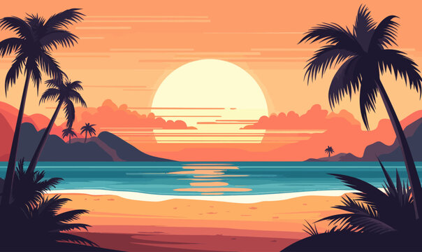 Tropical Beach Sunset with Palm Trees and Waves in Minimalist SVG Vector Art