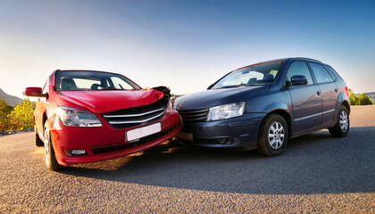 Fototapeta premium the front ends of two cars, heavily damaged and collided head on against an overcast sky, car on the road, car crash close up, two cars collided, vehicle accident, traffic collision, damaged cars
