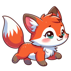 Obraz premium Charming cartoon illustration of a cute red fox with big, adorable eyes, white markings, and a playful expression, taking a step. Represents adorable animals, woodland wildlife, and children's themes.