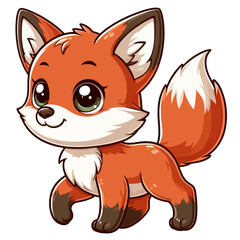 Obraz premium Charming cartoon illustration of a cute red fox with big, adorable eyes, white markings, and a playful expression, taking a step. Represents adorable animals, woodland wildlife, and children's themes.