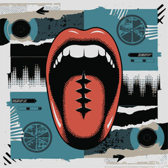 Brutalist Punk Collage Vector – Screaming Mouth with Spiked Tongue, Halftone Sound Waves, Grunge Speakers, Y2K Cyber Symbols & Static Noise on White Background