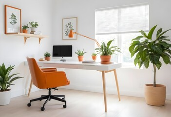 Modern Home Office Workspace with Orange Chair and Plants