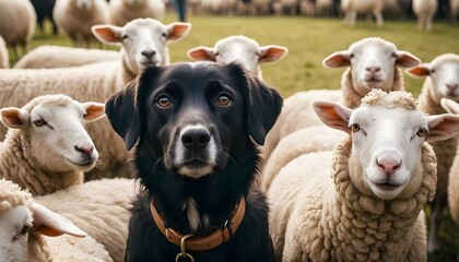 Fototapeta premium Black Dog Among Sheep