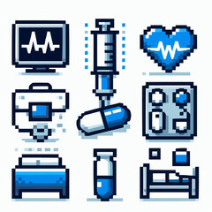Pixel-perfect medical vector icons: heart rate monitor, syringe, hospital bed, pill, stethoscope. 