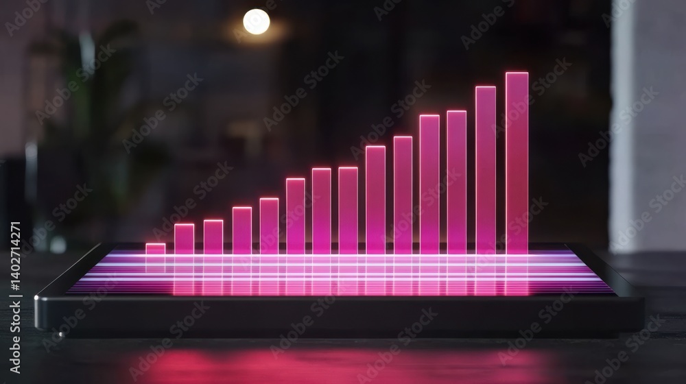 Poster modern digital tablet displaying 3d bar graph with rising trend in pink neon style