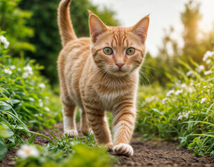 Portrait of a cat on nature outdoors. Funny kitten walking in the garden on a summer sunny day. Horizontal banner