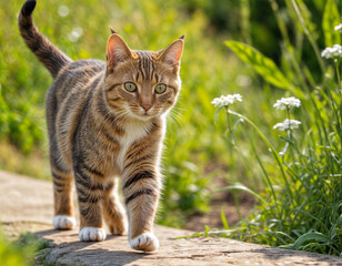 Fototapeta premium Portrait of a cat on nature outdoors. Funny kitten walking in the garden on a summer sunny day. Horizontal banner