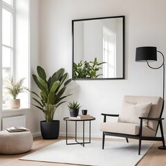 Modern Minimalist Living Room Interior with Plants and Armchair