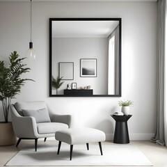 Modern Minimalist Living Room Interior with Gray Armchair and Ottoman