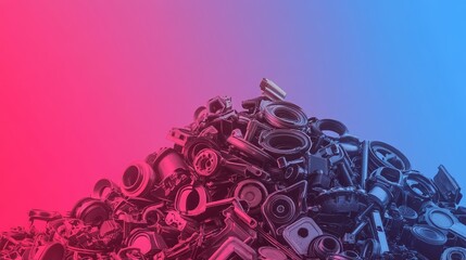 Fototapeta premium Automotive parts pile on gradient background: car component heap with red and blue hues maintenance and industry concept 