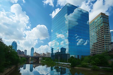 A sleek contemporary skyscraper reflecting the clouds