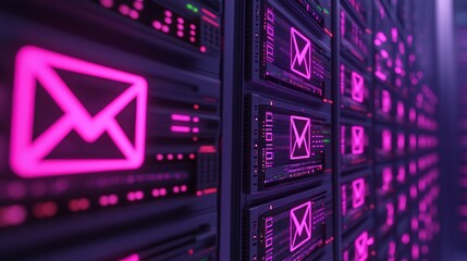 Email server rack with pixelated neon message symbols digital communication technology data center email servers for electronic messaging background 