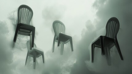 Four chairs floating in dreamy cloudy background symbolizing surrealism escape and ethereal concepts