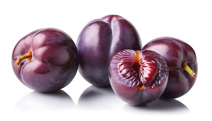 Obraz premium Three Plums, One Cut Open, Isolated on White