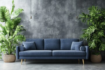 A plush blue sofa sits amidst lush potted plants