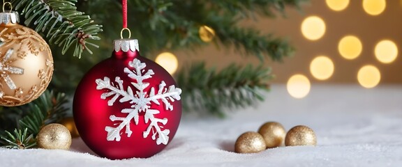 Red Christmas Ornament with Snowflake Design on Snowy Fir Branch