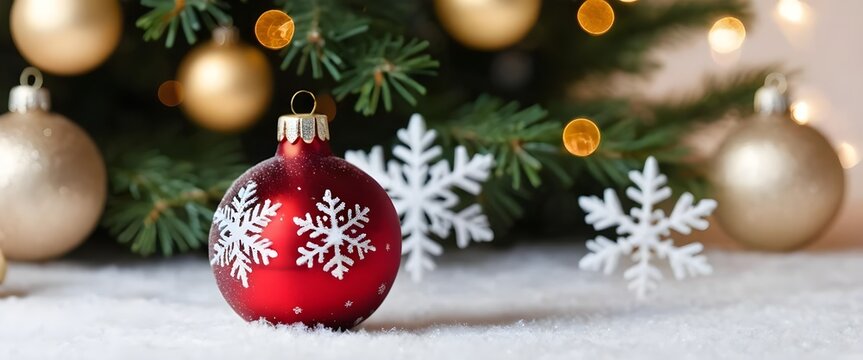Red Christmas Ornament with Snowflakes on Snowy Surface - Powered by Adobe