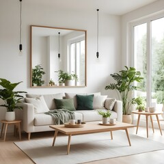 Fototapeta premium Modern Scandinavian Living Room Interior with Plants and Natural Light