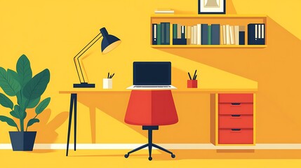 Modern Home Office with Yellow Wall, A modern home office setup with a laptop on a wooden desk, a red chair, a desk lamp, and shelves