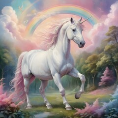 Majestic Unicorn in a Dreamlike Rainbow Forest