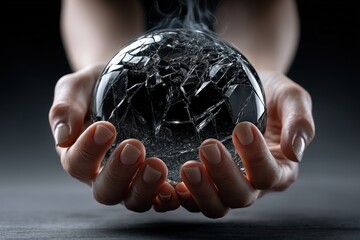 Woman holding a shattered glass sphere with smoke.