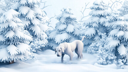 A whimsical illustration of a Great Dane playing in the snow, surrounded by frosty pine trees in a winter wonderland