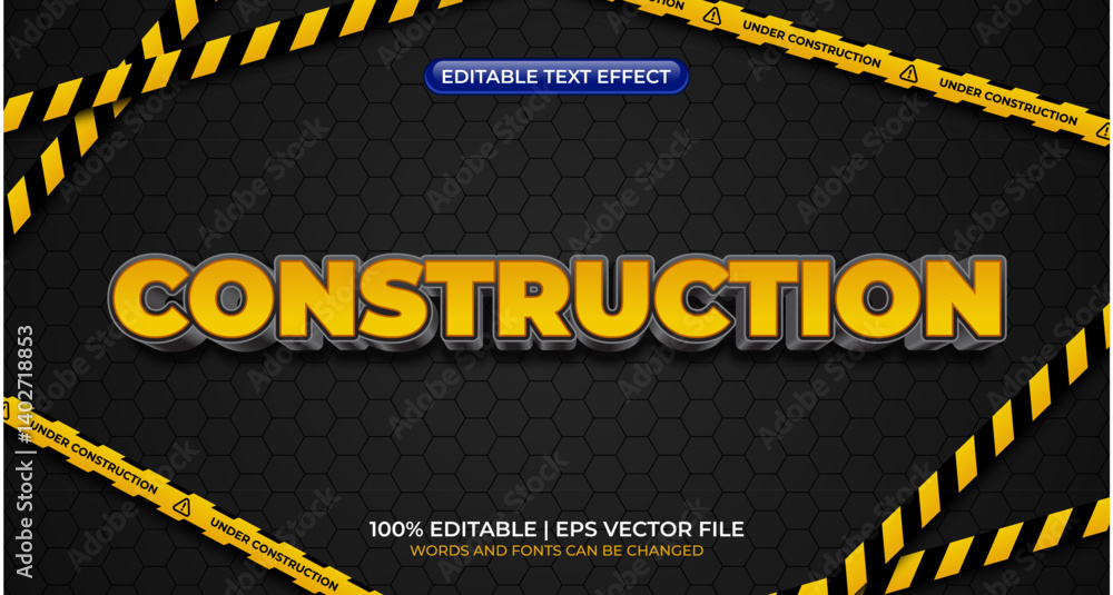 Poster construction editable text effect. editable text style effect with black and yellow strip color