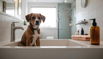 Hesitant Puppy in Bathroom Sink