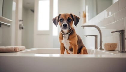 Cute Puppy in Bathroom Sink