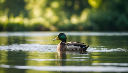 Obraz premium Mallard Duck on Calm Water at Sunrise
